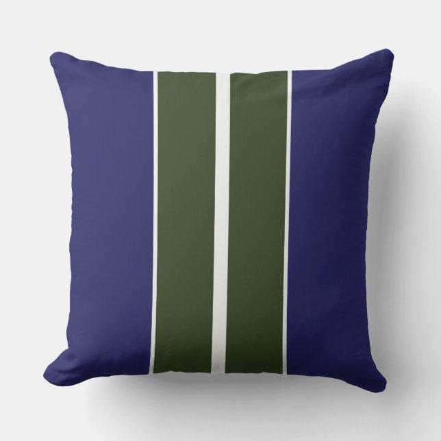 Sporty Navy Blue Forest Green White Racing Stripes Outdoor Pillow (Front)