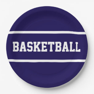 Sporty Navy Blue White BASKETBALL Text Stripes Paper Plate