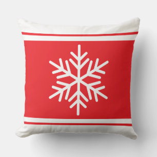 Sporty Nordic Snowflake Bright Red White Stripes Throw Pillow