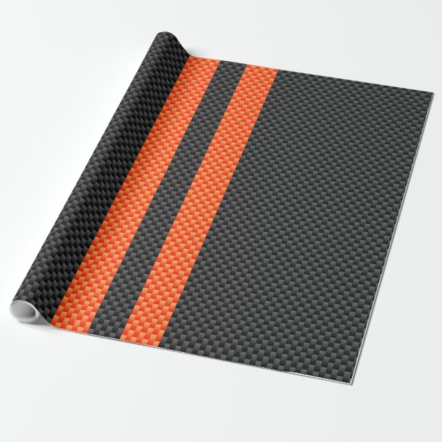 Sporty Orange Stripes Carbon Fibre Style Decor Wrapping Paper (Unrolled)