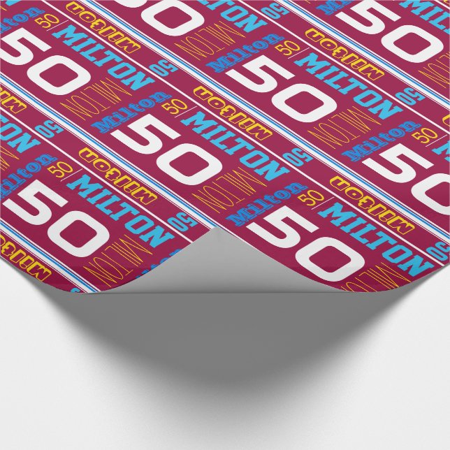 Sporty personalized name 50th birthday kids wrap wrapping paper (Corner)