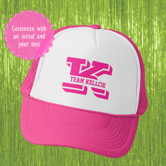 Sporty Pink Monogram Initial Team Bachelorette Trucker Hat