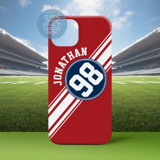 Sporty Red, White and Blue Stripes Name Number iPhone 15 Mini Case