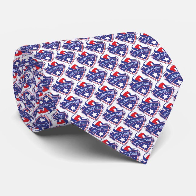 Sporty Red, White and Blue Volleyball Logo Tie (Rolled)
