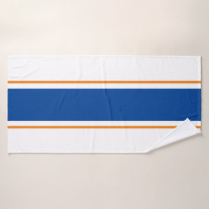 Sporty Royal Blue Orange Racing Stripes On White Bath Towel