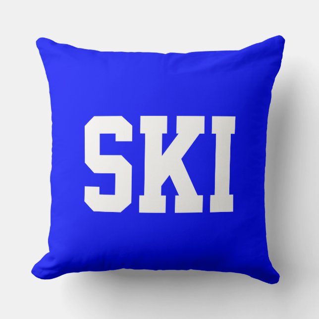 Sporty SKI Athletic White Text On Bold Royal Blue Throw Pillow (Front)