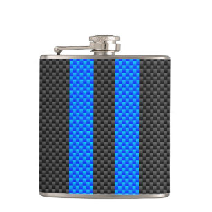 Sporty Sky Blue Carbon Fibre Style Racing Stripes Hip Flask