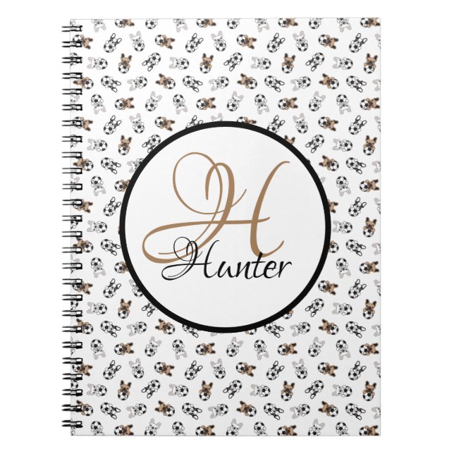 Sporty Soccer Puppies Monogrammed Notebook (Front)