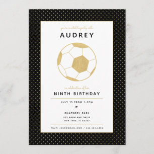 Sporty Soccer Star Sports Party In Black and Gold Invitation