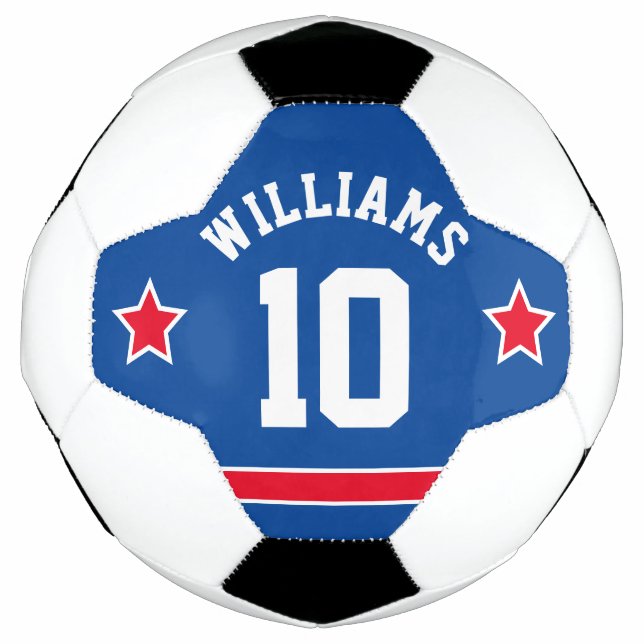 Sporty Stars Numbers Stripes Red White Blue Team Soccer Ball (Front)