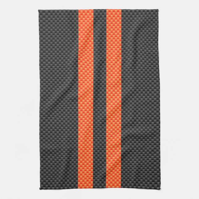 Sporty Vibrant Orange Stripes Carbon Fibre Style Kitchen Towel (Vertical)