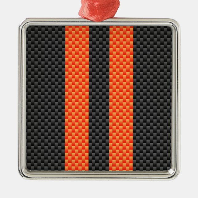 Sporty Vibrant Orange Stripes Carbon Fibre Style Metal Ornament (Front)