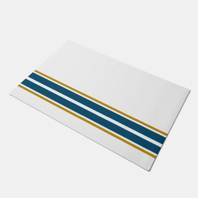 Sporty White Ocean Teal Bottom Edge Racing Stripes Doormat (Angled)