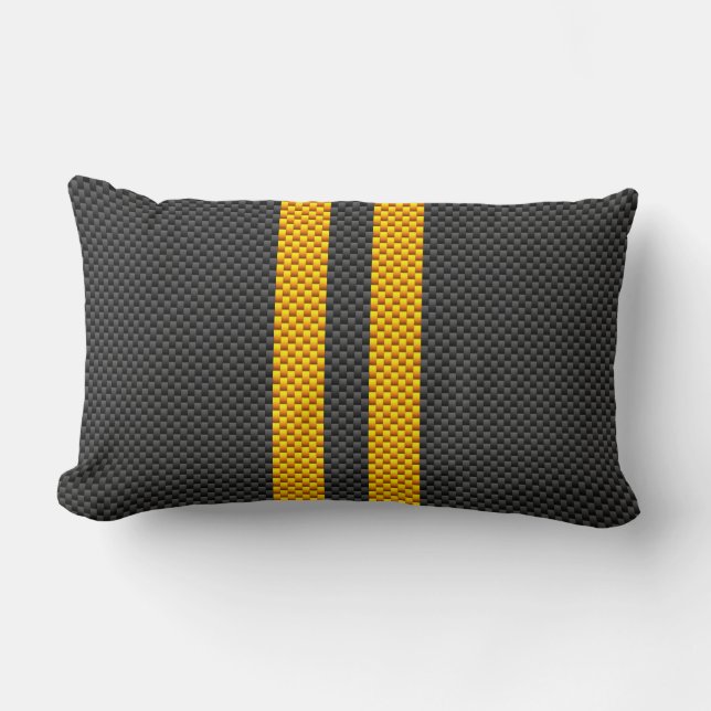 Sporty Yellow Racing Stripes Carbon Fiber Style Lumbar Pillow (Front)