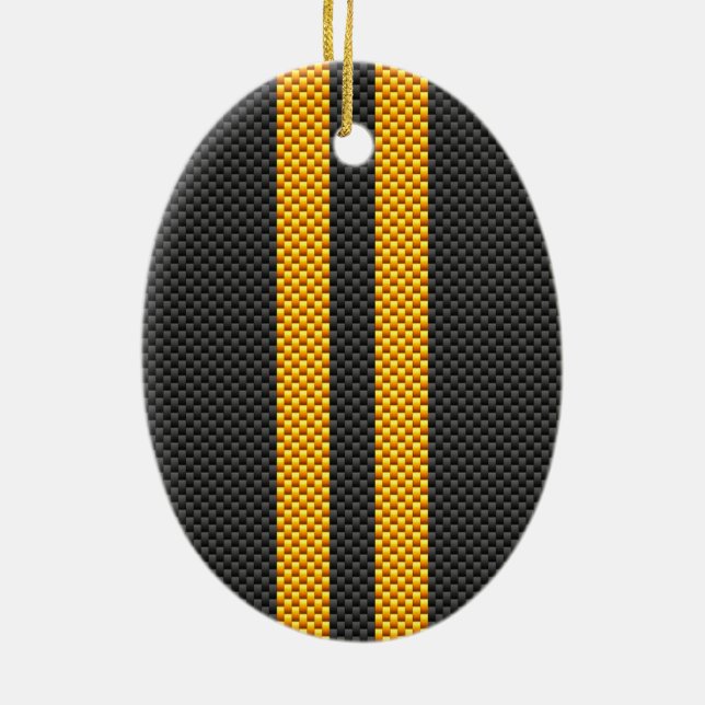 Sporty Yellow Racing Stripes Carbon Fibre Style Ceramic Ornament (Back)