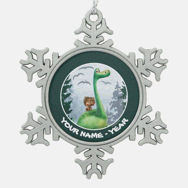 Spot And Arlo In Forest Snowflake Pewter Christmas Ornament (Front)