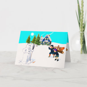 Spot The Differences Snowman Snowball Fight Game Holiday Card