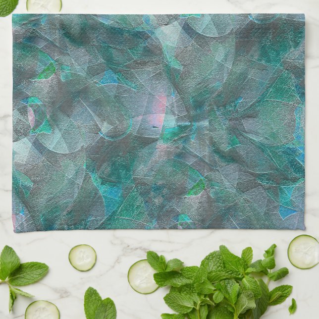 Spoted greenish cyan over unfinished wall plaster  kitchen towel (Folded)
