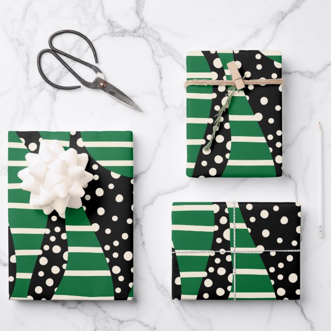 Spots and Stripes 2 - Green, Cream and Black Wrapping Paper Sheet (Front)