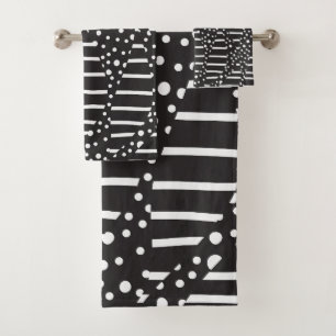 Spots and Stripes 2 in White on Black Bath Towel Set