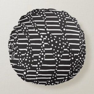 Spots and Stripes 2 in White on Black Round Pillow