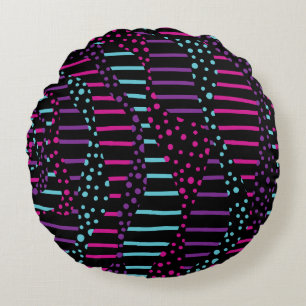 Spots and Stripes 2 - Pink, Purple, Blue and Black Round Pillow
