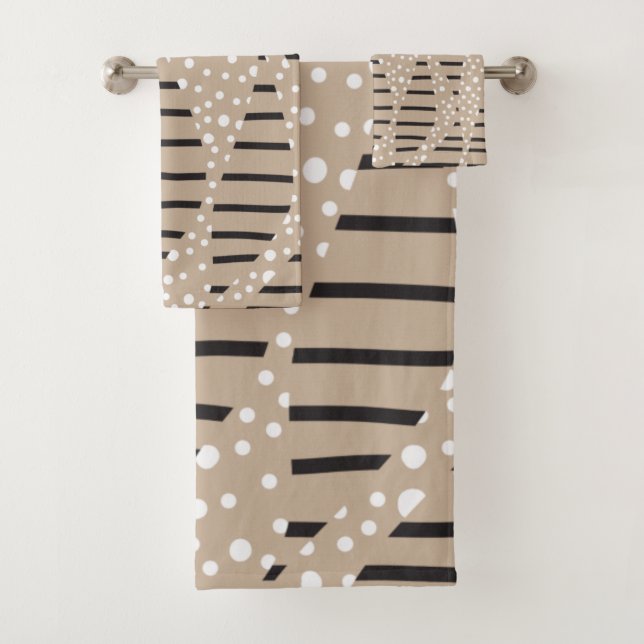Spots and Stripes 2 - Taupe, Black and White Bath Towel Set (Insitu)