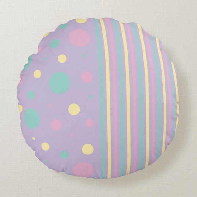 Spots and Stripes - Pink, Yellow, Purple, Green Round Pillow (Front)