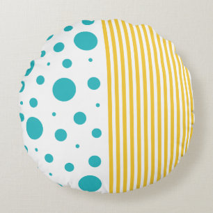Spots and Stripes - Turquoise and Yellow Round Pillow