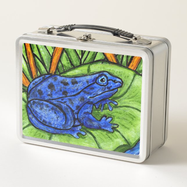 Spotted Blue Frog on Lily Pad Grass Reed Plants Metal Lunch Box (Front)