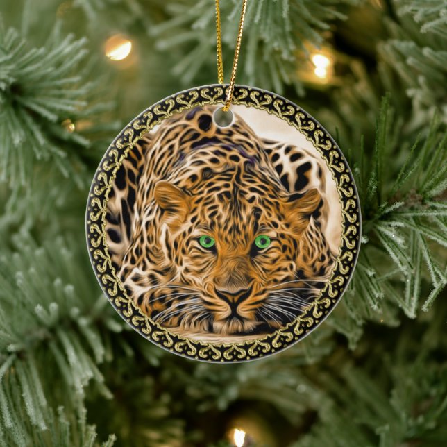 Spotted Bright green eye leopard looking at you Ceramic Ornament (Tree)