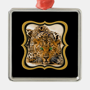 Spotted Bright green eye leopard looking at you Metal Ornament