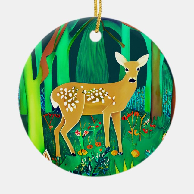 Spotted Fawn in a Fantasy Forest Setting  Ceramic Ornament (Front)