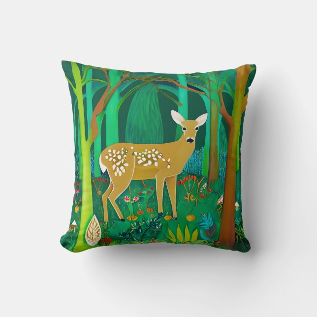 Spotted Fawn in a Fantasy Forest Setting  Throw Pillow (Front)