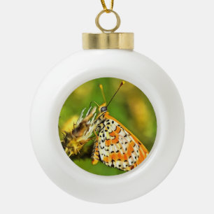 Spotted Fritillary Orange and White Butterfly Ceramic Ball Christmas Ornament