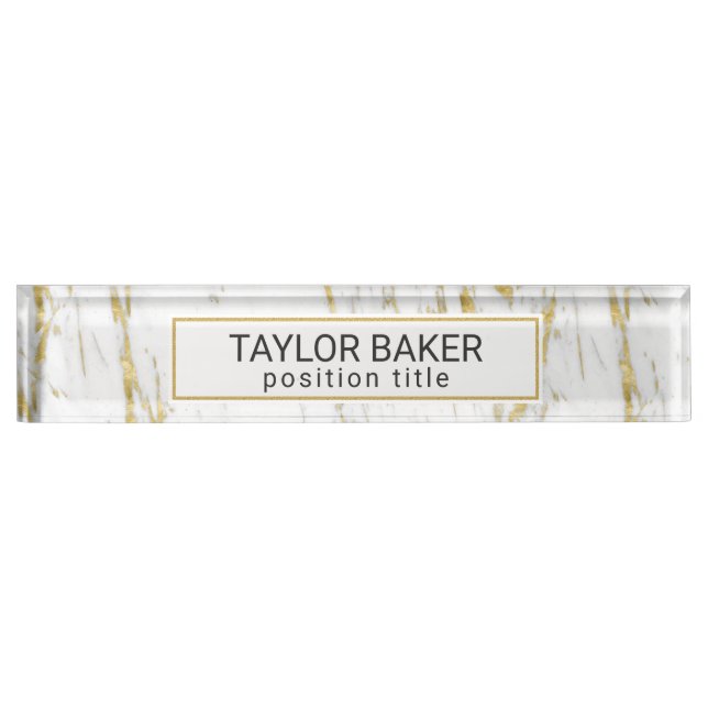 Spotted Gold Glitter And White Marble Nameplate (Front)