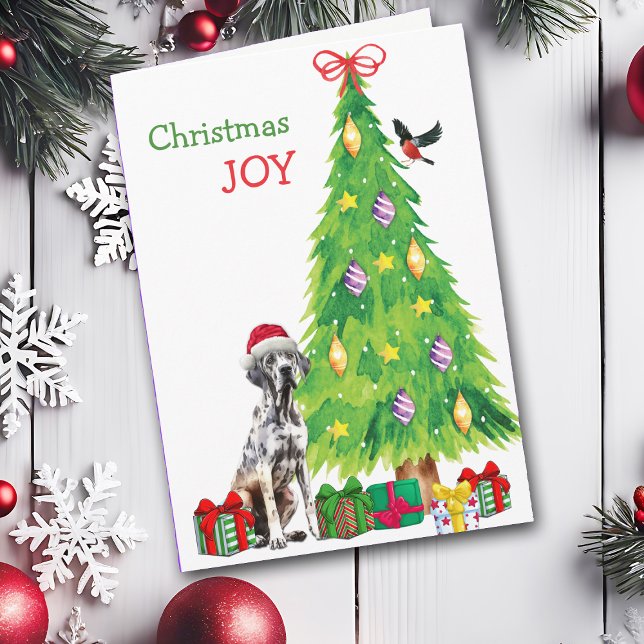 Spotted Great Dane Dog, Bird and Christmas Tree Holiday Card (Creator Uploaded)