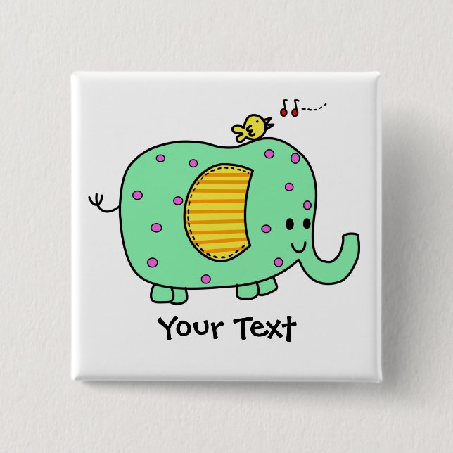 Spotted Green Elephant With Cute Birdie 2 Inch Square Button (Front)