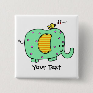 Spotted Green Elephant With Cute Birdie 2 Inch Square Button