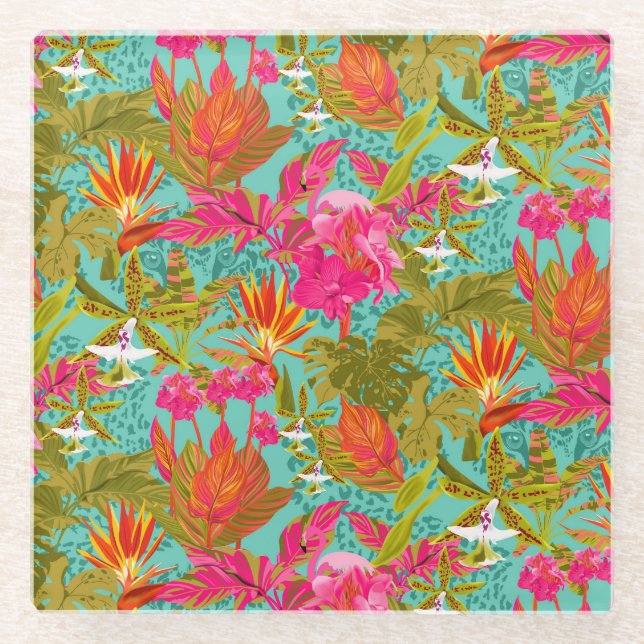 Spotted Hothouse Tropical Floral glass coaster (Front)