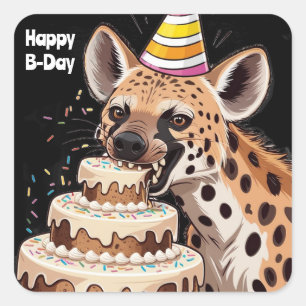 Spotted hyena wearing hat biting into cake square sticker