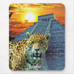 Spotted Jaguar & Chichen Itza Temple & Sunset Mouse Pad