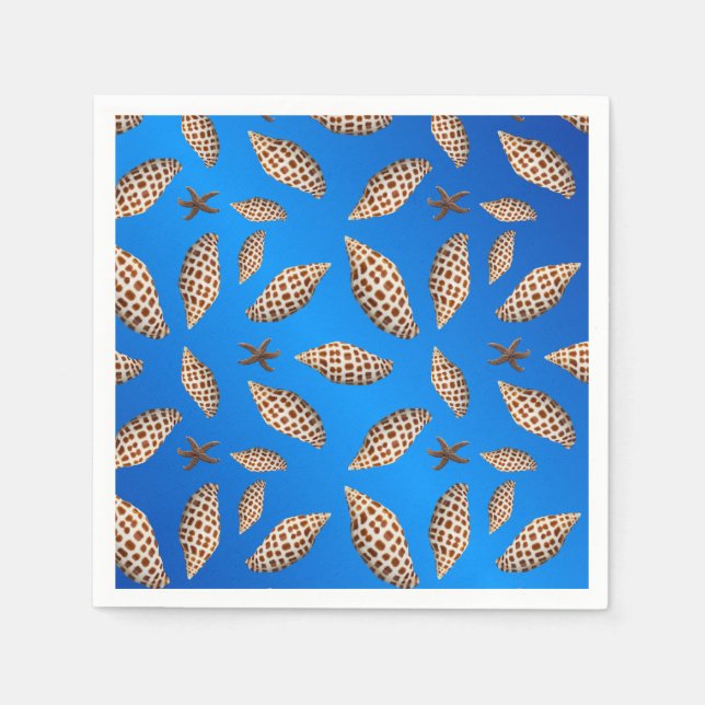 Spotted Junonia Seashells on Blue Napkin (Front)