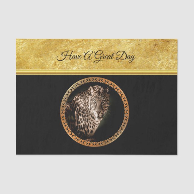 Spotted leopard looking at you with gold foil tissue paper (Front)