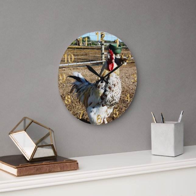 **"Spotted Majesty: The Speckled Farm Rooster"** Large Clock (Office)