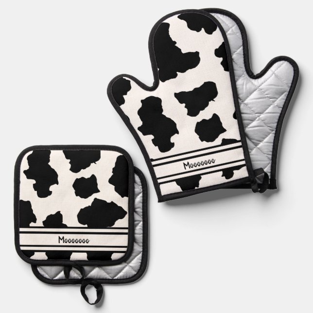 Spotted Moo Cow Dutch Holstein Animal Spots Oven Mitt & Pot Holder Set (Front/Back)