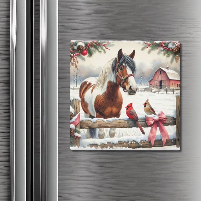 Spotted Pinto Horse and Cardinals Christmas Magnet (Creator Uploaded)