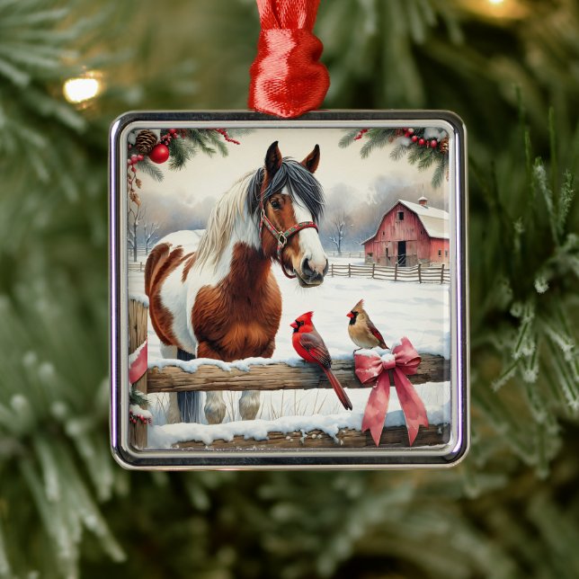Spotted Pinto Horse and Cardinals Christmas Metal Ornament (Tree)