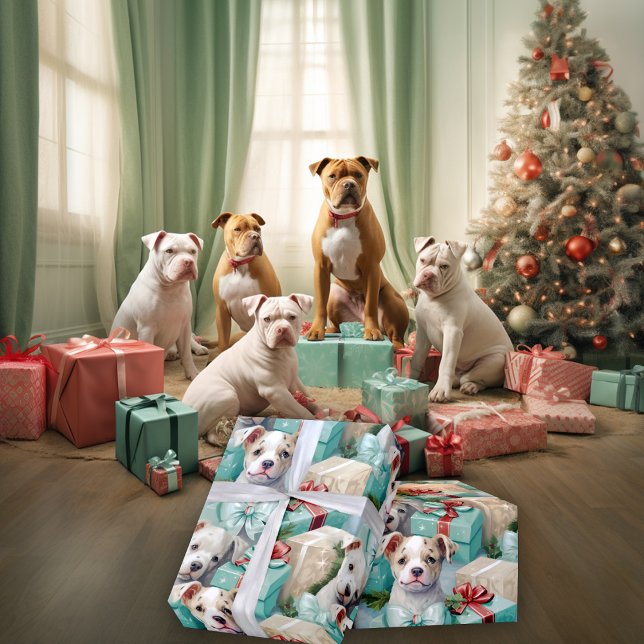  Spotted PitBull Pups Seafoam Green Christmas Wrapping Paper (Creator Uploaded)