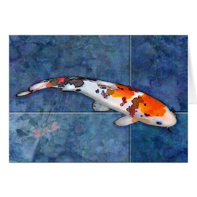 Spotted Sanke Koi in Tiled Pool with Dragonfly (Front Horizontal)